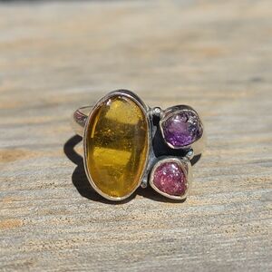 Baltic Amber, Amethyst (Rough) & Pink Tourmaline (Rough) 925 Ring